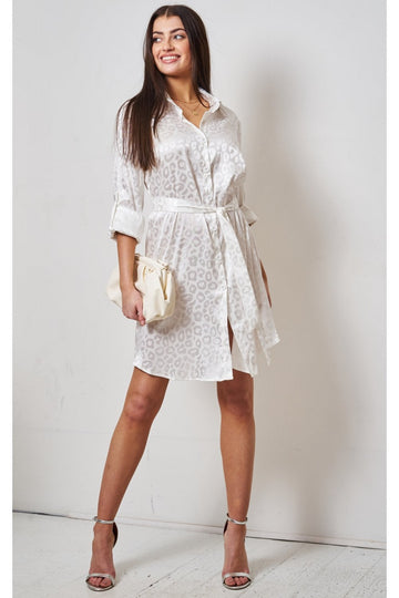 Love Frontrow White Jacquard Leopard Print Shirt Dress Love Frontrow